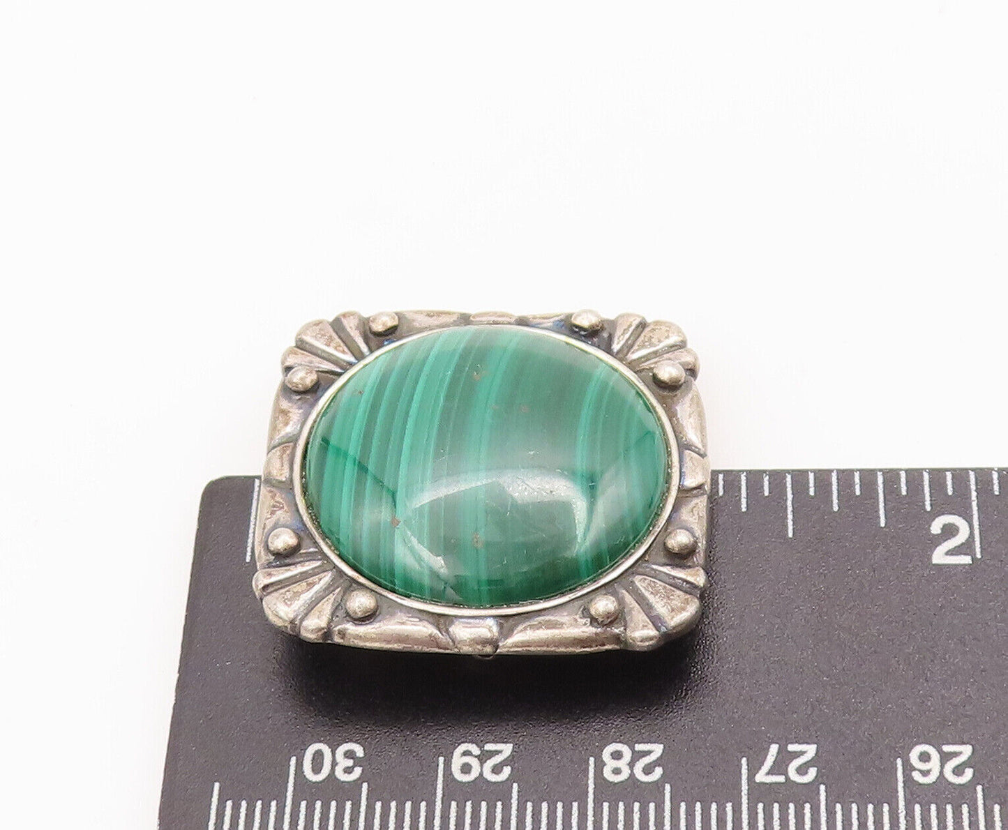 925 Sterling Silver Vintage Brooch Pin Round Malachite Carved Frame  BP10862