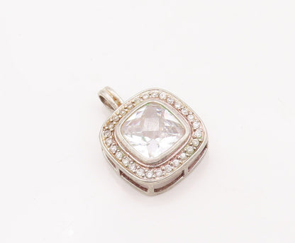 925 Sterling Silver Vintage Pendant Square Cut Halo Topaz Beaded Frame  PT23441