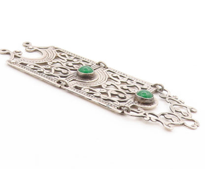 925 Sterling Silver Vintage Pendant Green Gemstone Long Floral Cut Out  PT25049