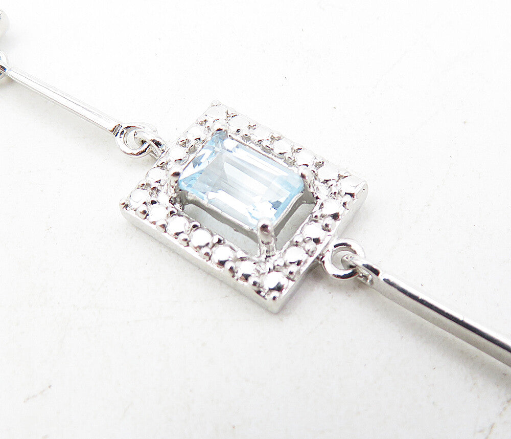 925 Sterling Silver  Blue Topaz Shiny Square Link Chain Bracelet  BT3817