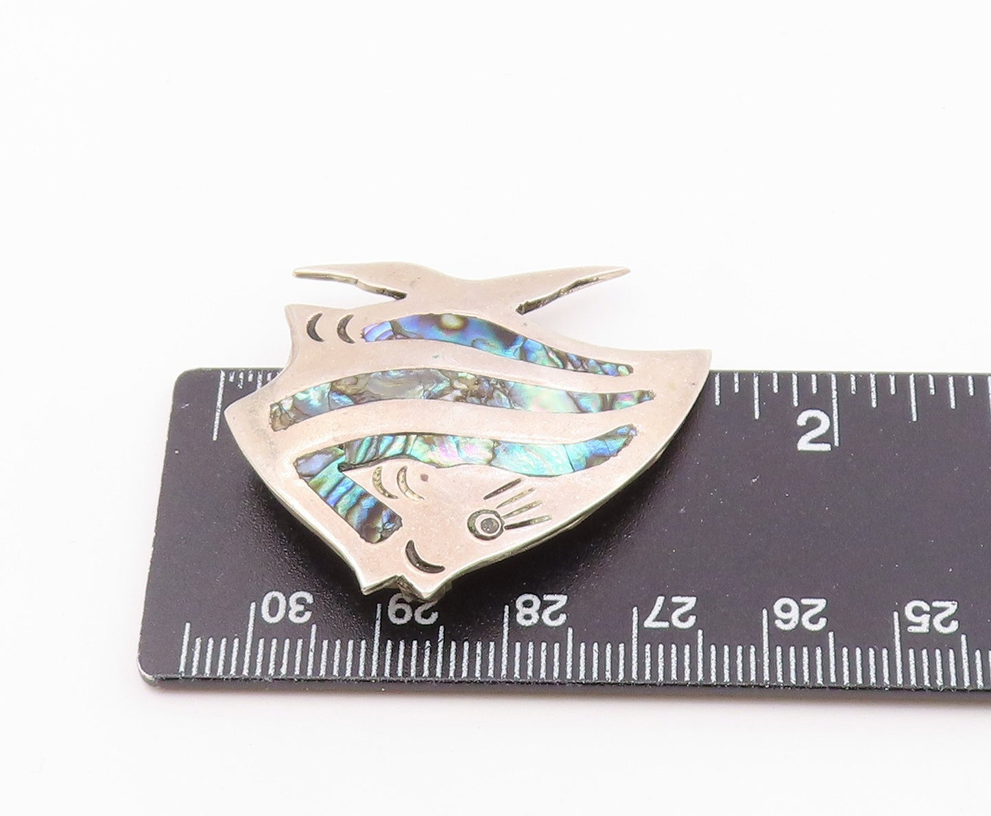 MEXICO 925 Silver  Vintage Abalone Shell Striped Fish Brooch Pin  BP7791