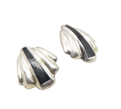 MEXICO 925 Silver  Vintage Black Onyx Scalloped Non Pierce Earrings  EG5338