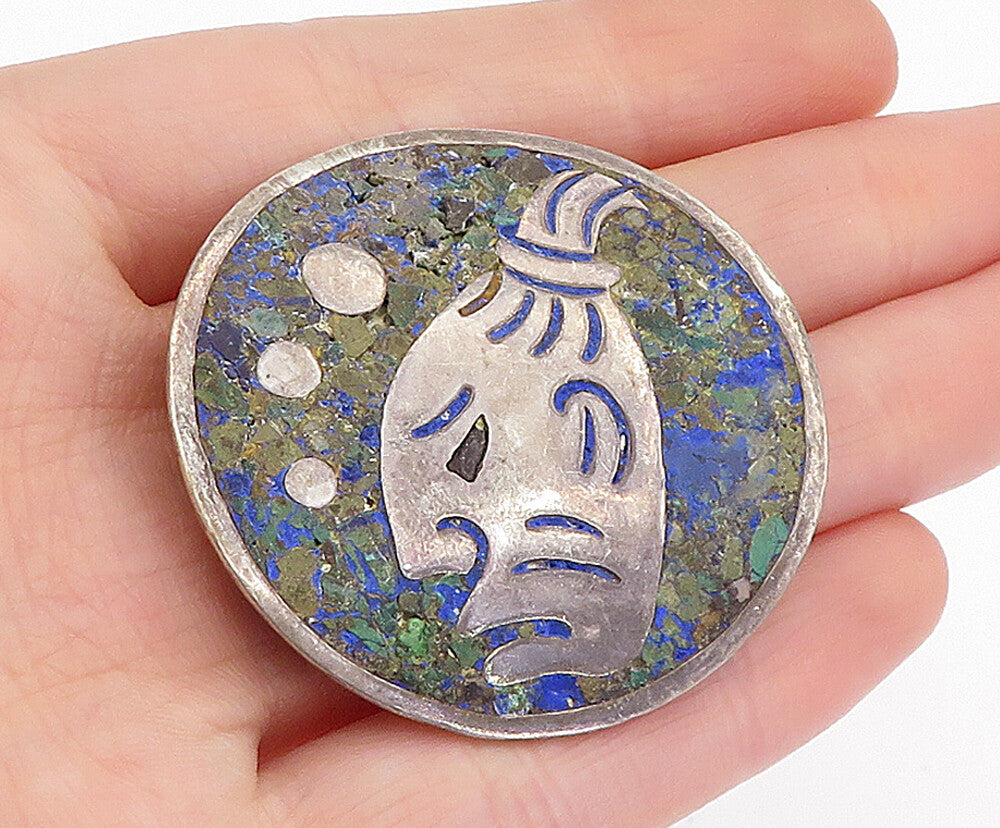 MEXICO 925 Sterling Silver  Vintage Inlaid Jasper Face Brooch Pin  BP1561