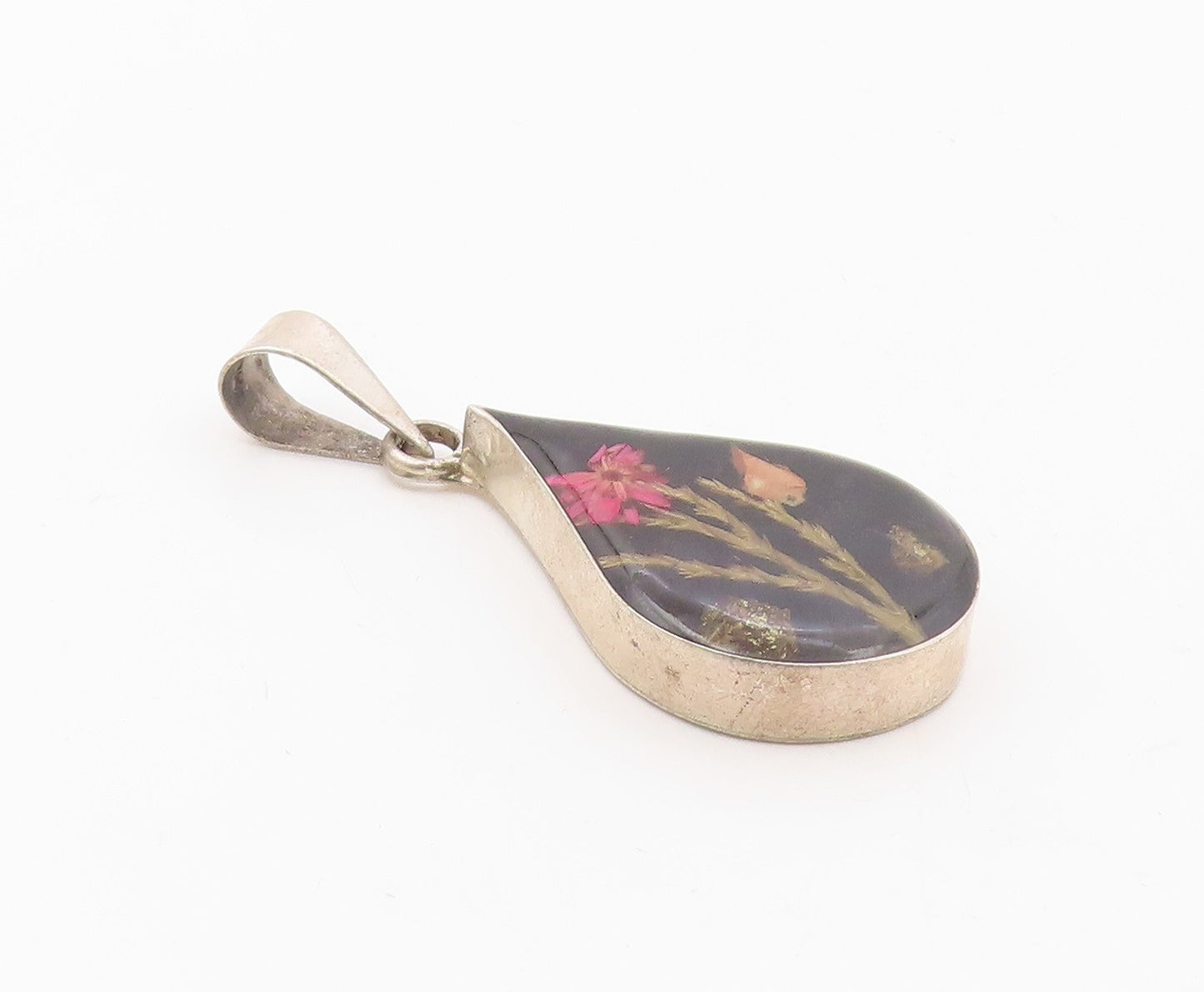 925 Sterling Silver  Vintage Flower Glass Art Rain Drop Pendant  PT15335
