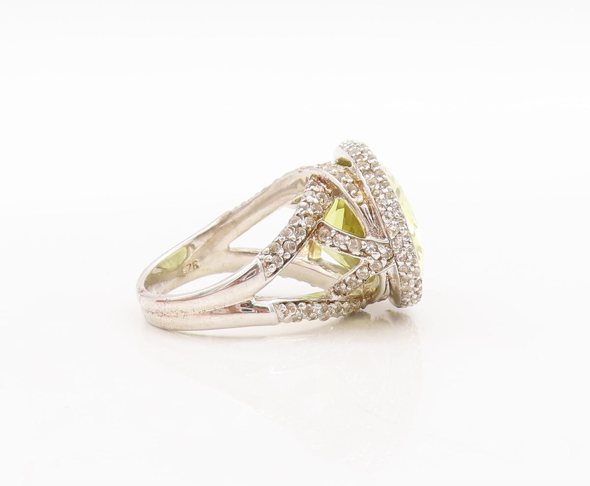 925 Sterling Silver Vintage Ring Large Oval Cut Lime Quartz & CZ  Sz 7  RG29471