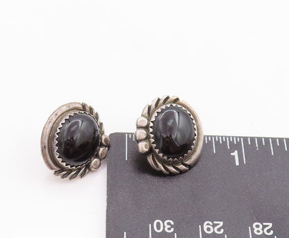 925 Sterling Silver Vintage Earrings NAVAJO Cabochon Onyx Halo Carved  EG13119