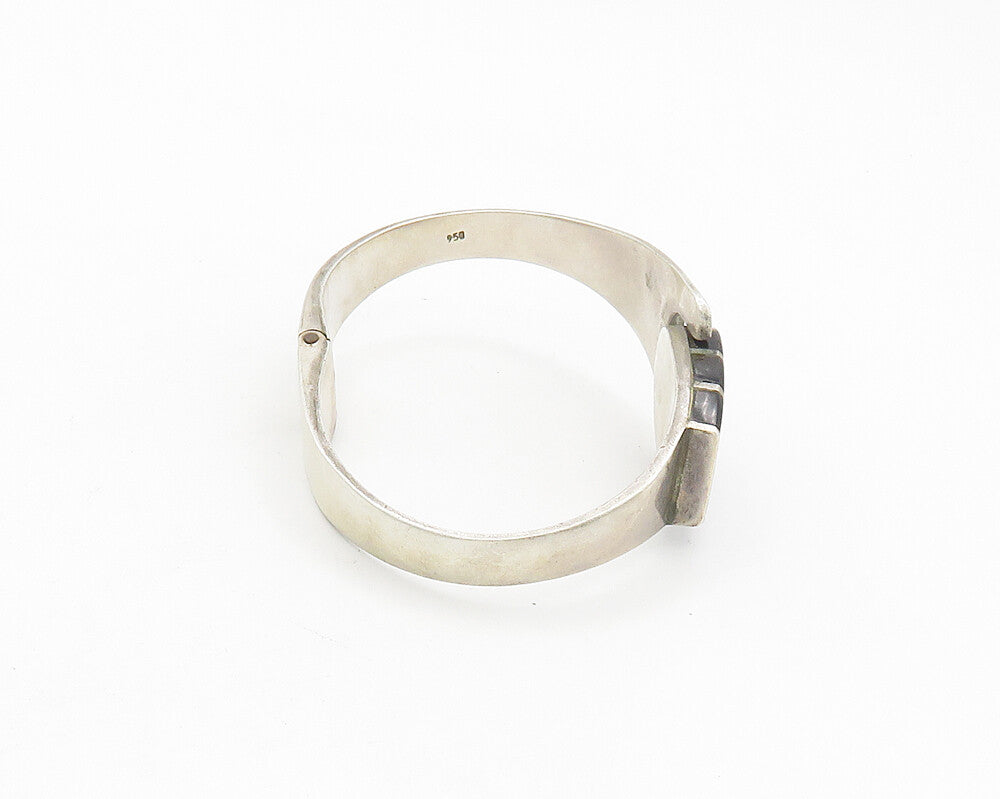 925 Sterling Silver  Vintage Black Onyx Smooth Hinge Bangle Bracelet  BT7502