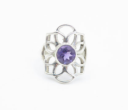 925 Sterling Silver  Amethyst Open Floral Design Cocktail Ring Sz 8  RG8461