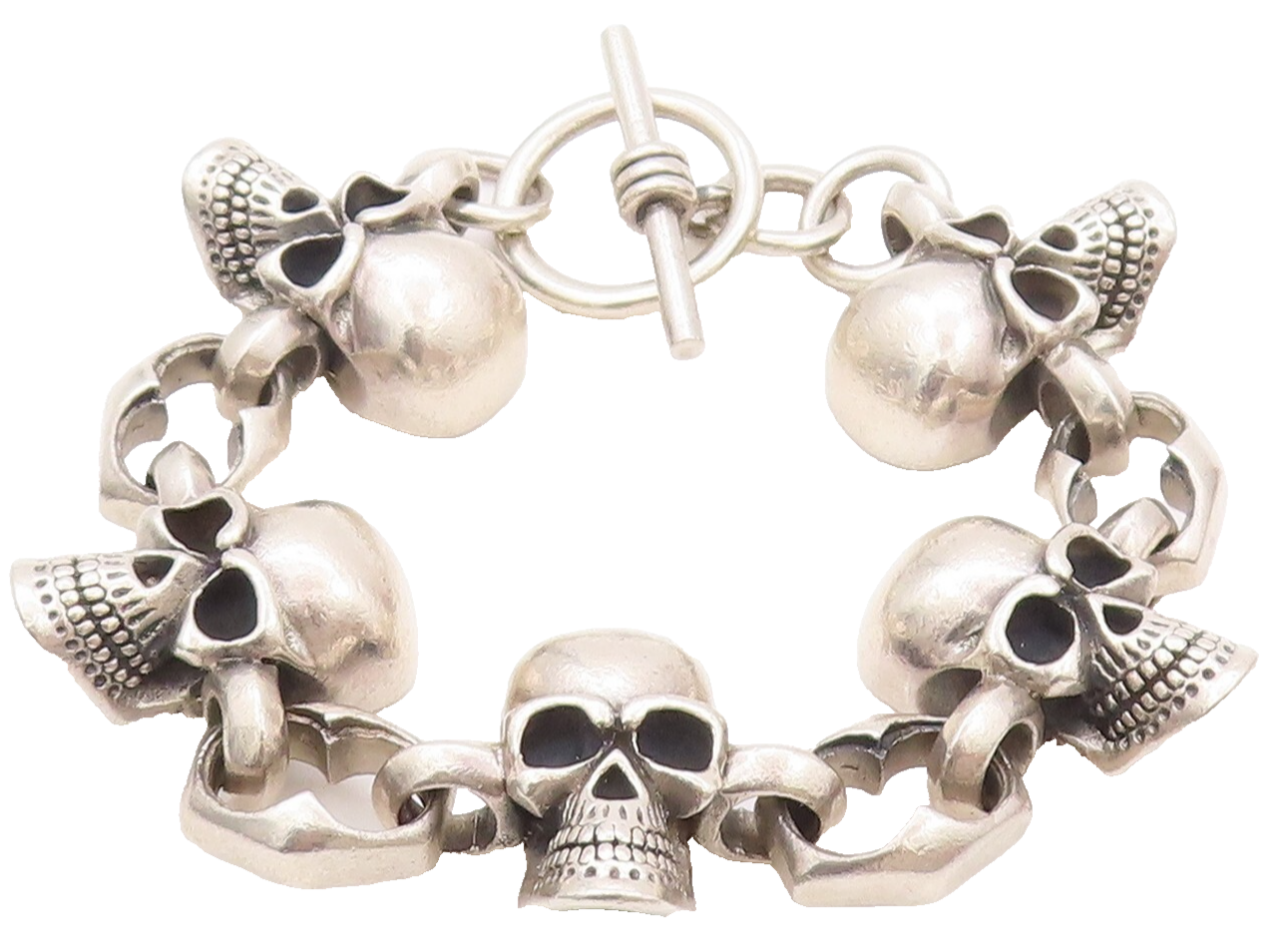 925 Sterling Silver Vintage Bracelet Heavy Carved Skulls Biker Design  BT11124