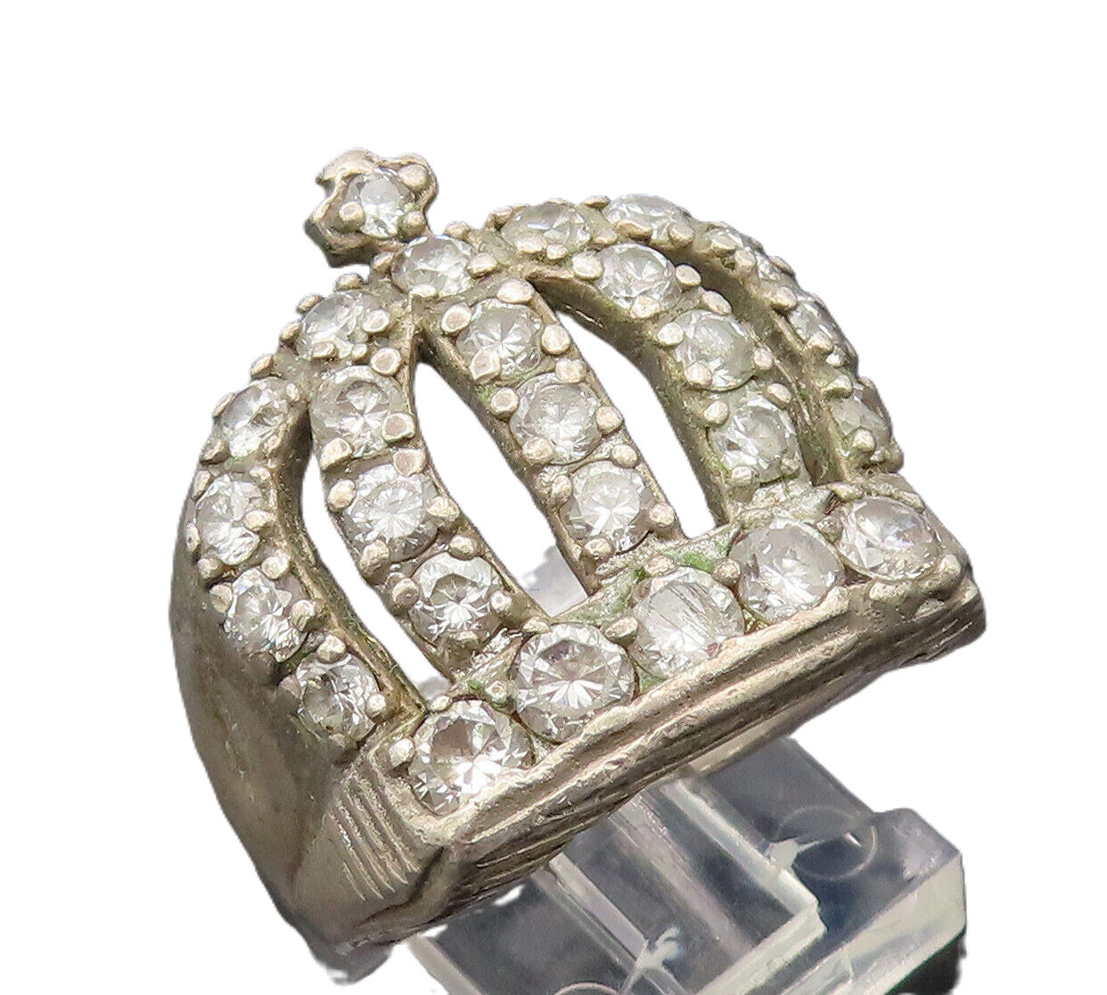 925 Sterling Silver  Vintage Stencil Carved CZ Beaded Crown Ring Sz 7  RG27391