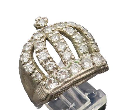925 Sterling Silver  Vintage Stencil Carved CZ Beaded Crown Ring Sz 7  RG27391