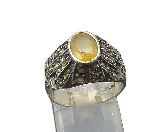 925 Sterling Silver  Vintage Citrine & Marcasite Dome Band Ring Sz 6  RG21999