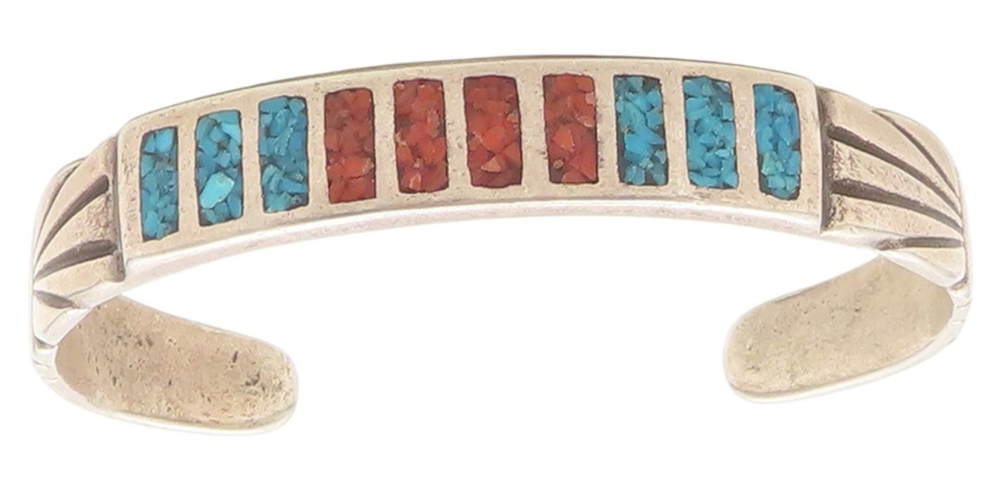 925 Sterling Silver Vintage Bracelet NAVAJO ZUNI Crushed Gemstone Inlay  BT11778