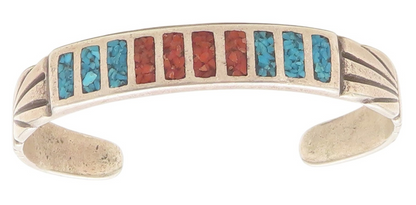 925 Sterling Silver Vintage Bracelet NAVAJO ZUNI Crushed Gemstone Inlay  BT11778