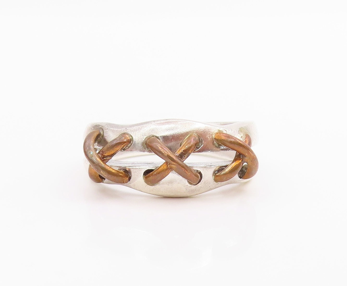 925 Sterling Silver Vintage Ring Two Tone Cross Stitch Band  Sz 10  RG34506