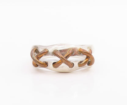 925 Sterling Silver Vintage Ring Two Tone Cross Stitch Band  Sz 10  RG34506