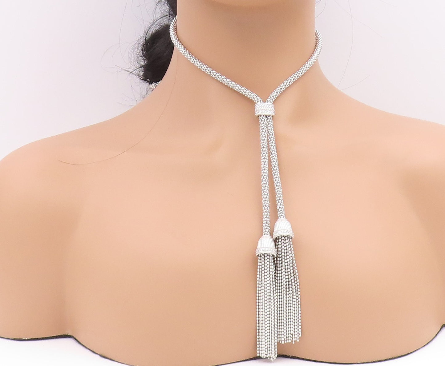 925 Sterling Silver Vintage Necklace JUDITH RIPKA CZ Elegant Tassel Chain NE4857