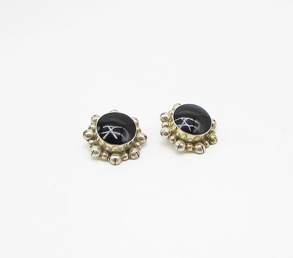 MEXICO 925 Sterling Silver  Vintage Black Onyx Clip On Earrings  EG1950