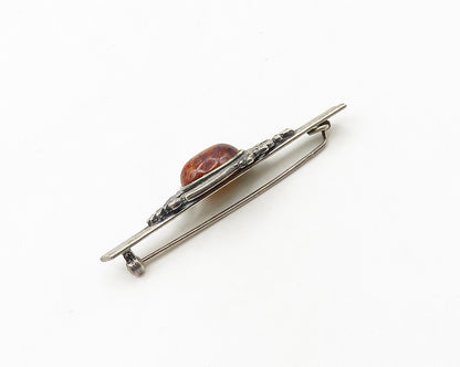 POLAND 925 Sterling Silver  Vintage Cabochon Cut Amber Brooch Pin  BP7509