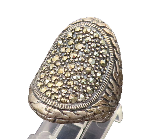 925 Silver  Vintage Concave Marcasite Cluster Engraved Ring Sz 7  RG26487