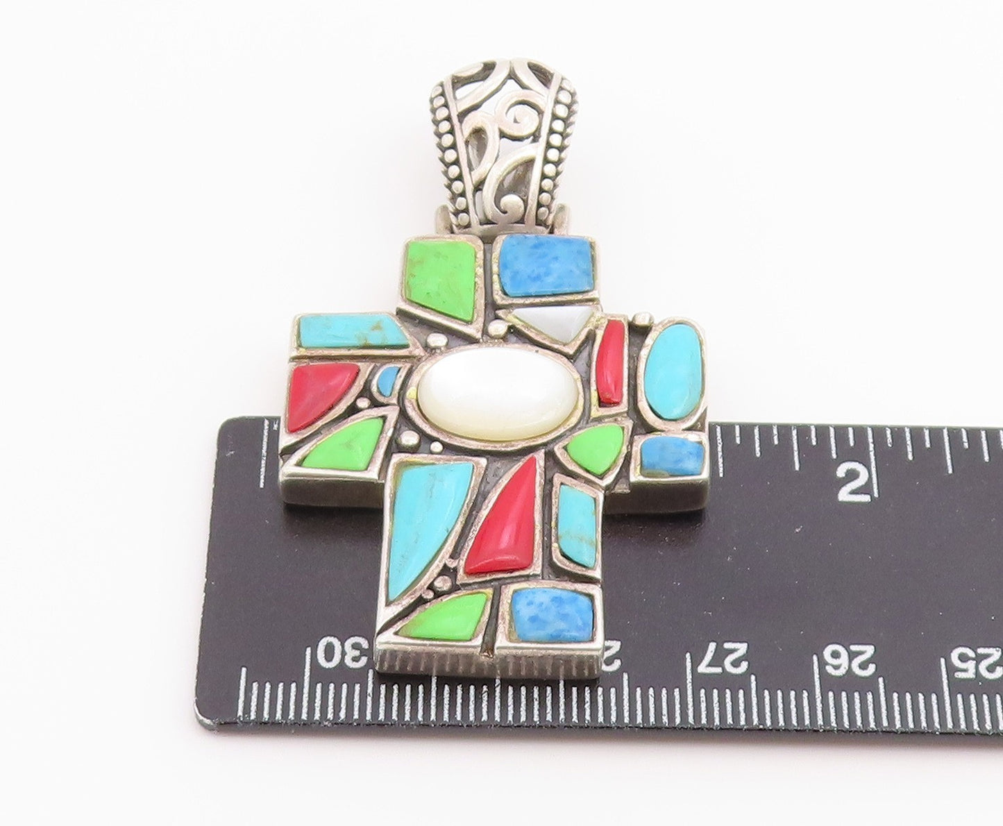 925 Sterling Silver Vintage Pendant Multi Gemstone Religious Cross  PT26534