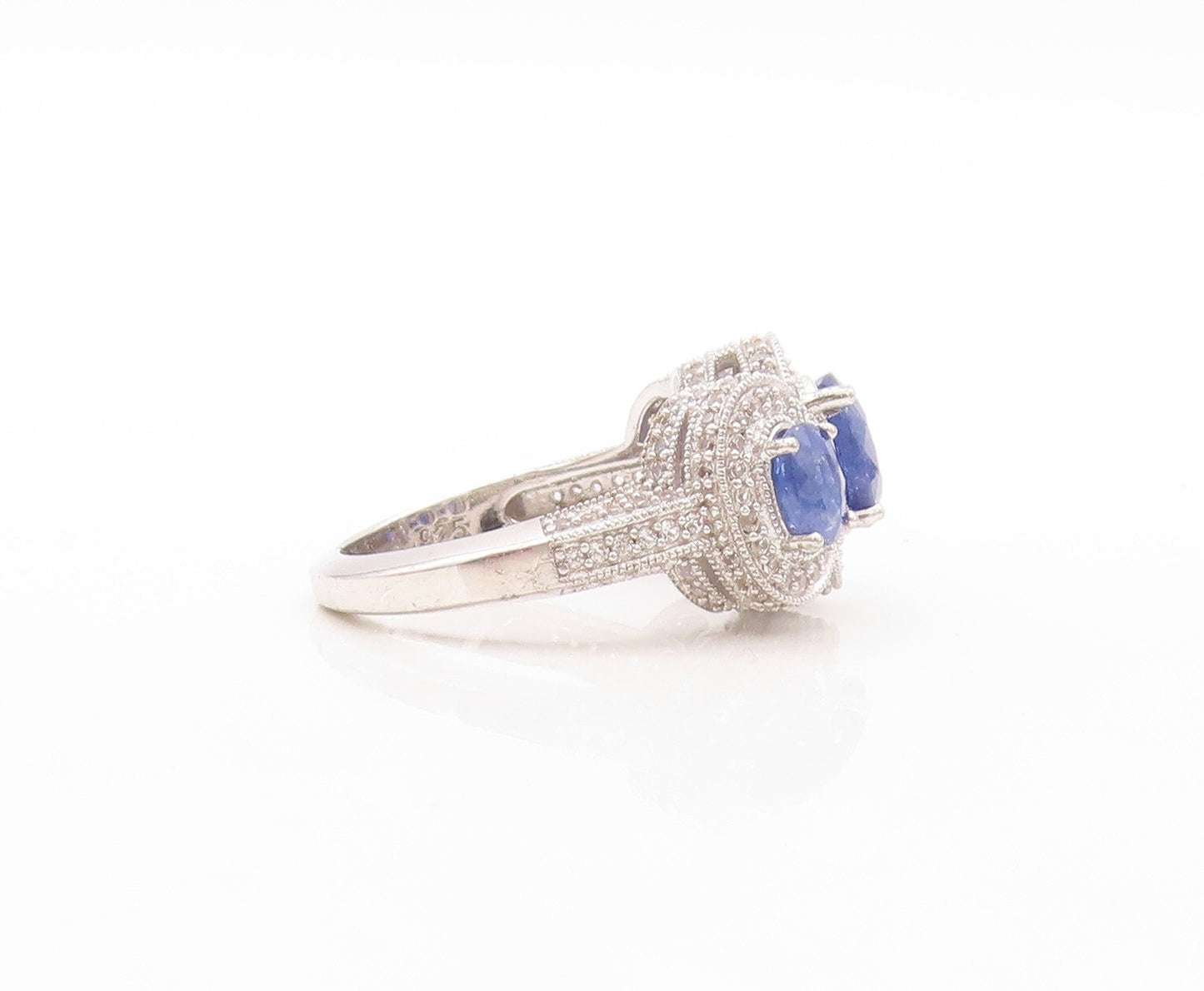 925 Sterling Silver Vintage Ring Oval Sapphire Halo CZ Inlay  Sz 7.5  RG30914