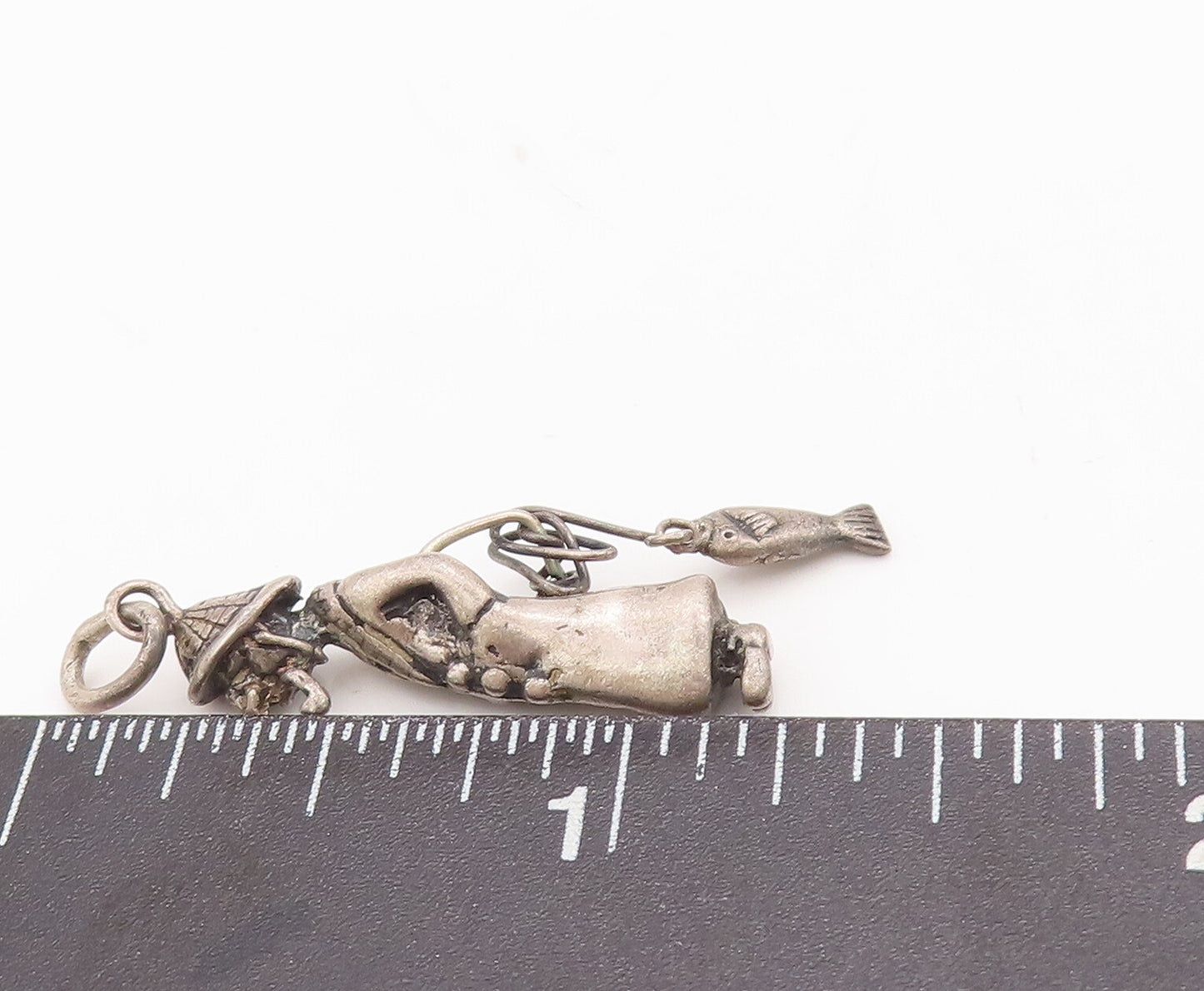 925 Sterling Silver Vintage Pendant Solid 3D Carved Fisher Man Charm  PT23056