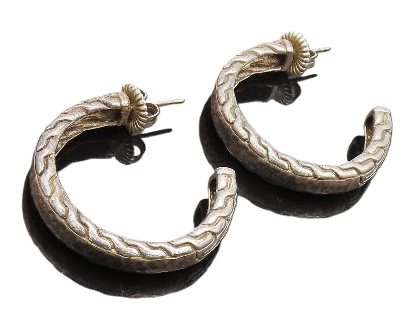 925 Sterling Silver  Vintage Modernist Step Carved Open Hoop Earrings  EG12503
