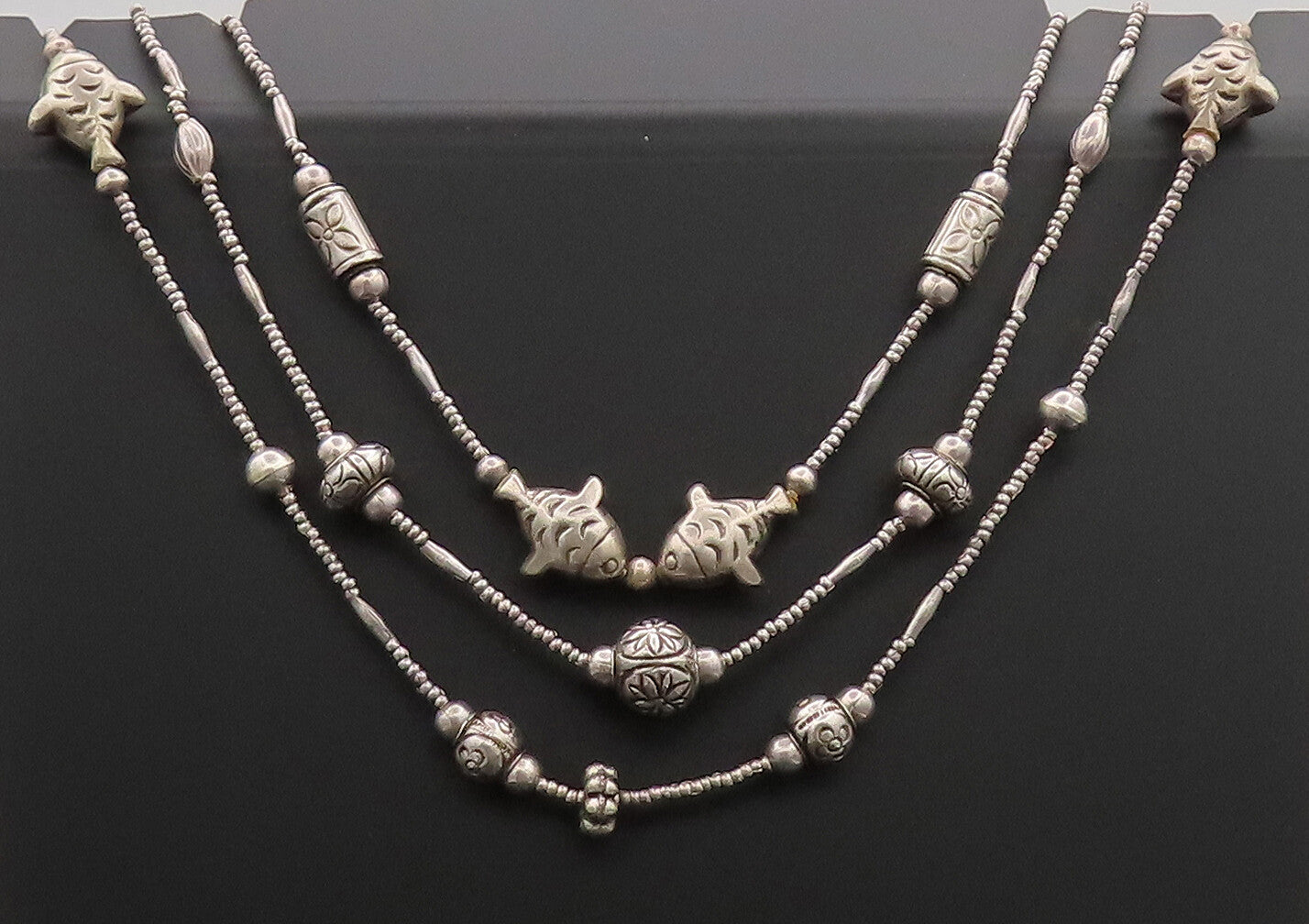 925 Sterling Silver  Vintage Etched Charm Beaded 3 Link Chain Necklace  NE4164