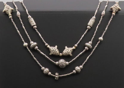 925 Sterling Silver  Vintage Etched Charm Beaded 3 Link Chain Necklace  NE4164