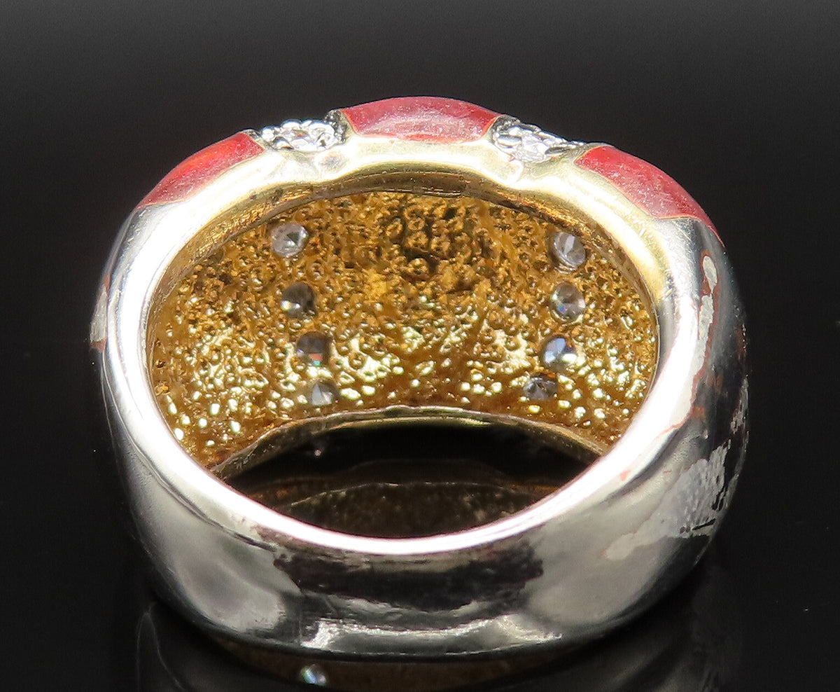 925 Sterling Silver  Vintage Enamel & Cubic Zirconia Dome Ring Sz 5  RG25379