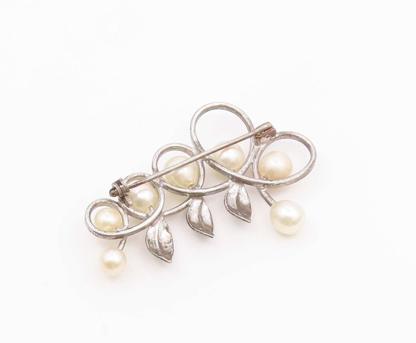 925 Sterling Silver  Vintage Shiny Pearls Floral Leaf Vine Brooch Pin  BP7835
