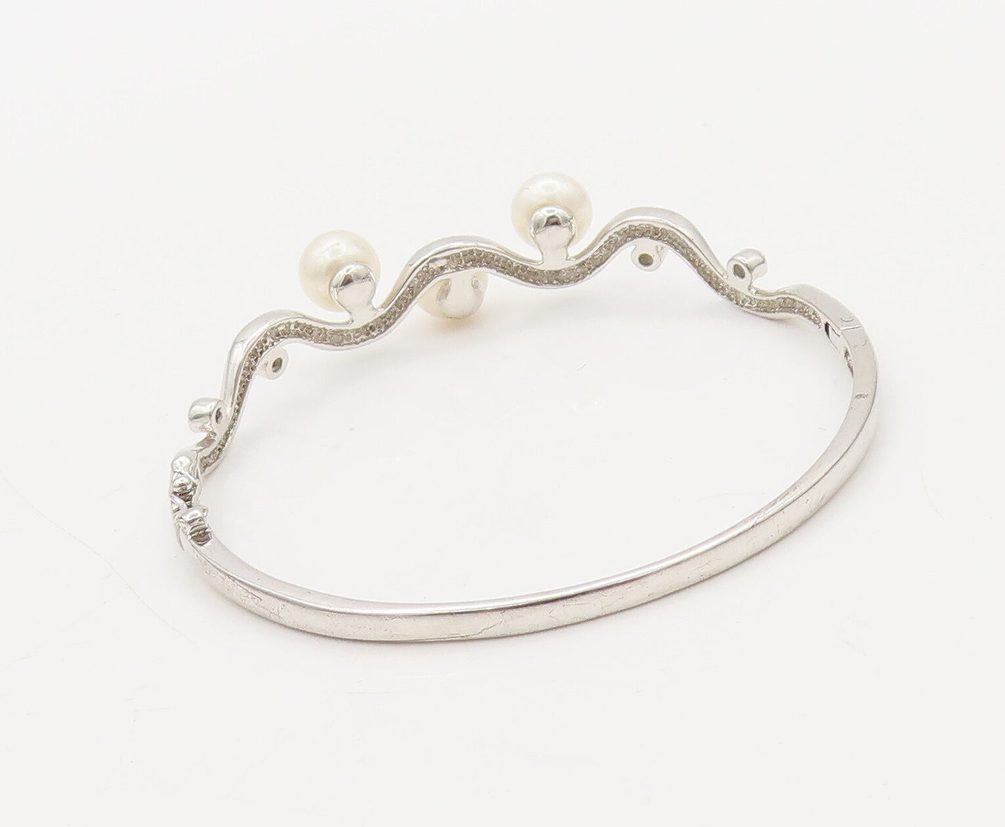 925 Sterling Silver  Vintage Pearl Topaz Beaded On Wave Cuff Bracelet  BT10062