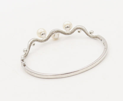 925 Sterling Silver  Vintage Pearl Topaz Beaded On Wave Cuff Bracelet  BT10062