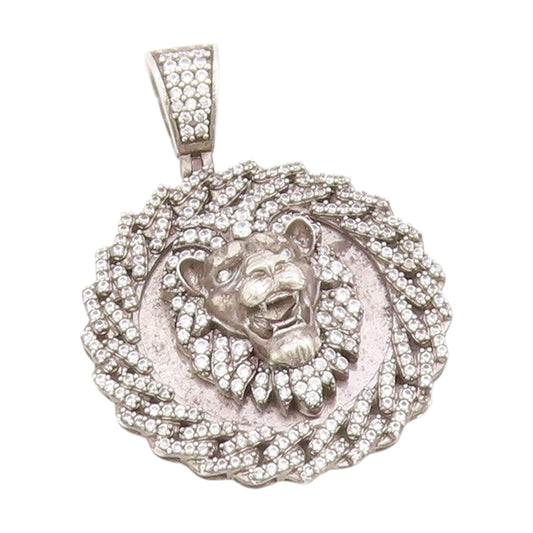 925 Sterling Silver Vintage Pendant CZ Roaring Lion Head Medallion  PT25638