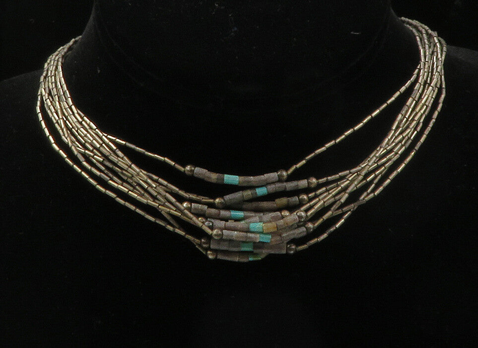 925 Sterling Silver  Vintage Turquoise Multi Strand Chain Necklace  NE2148