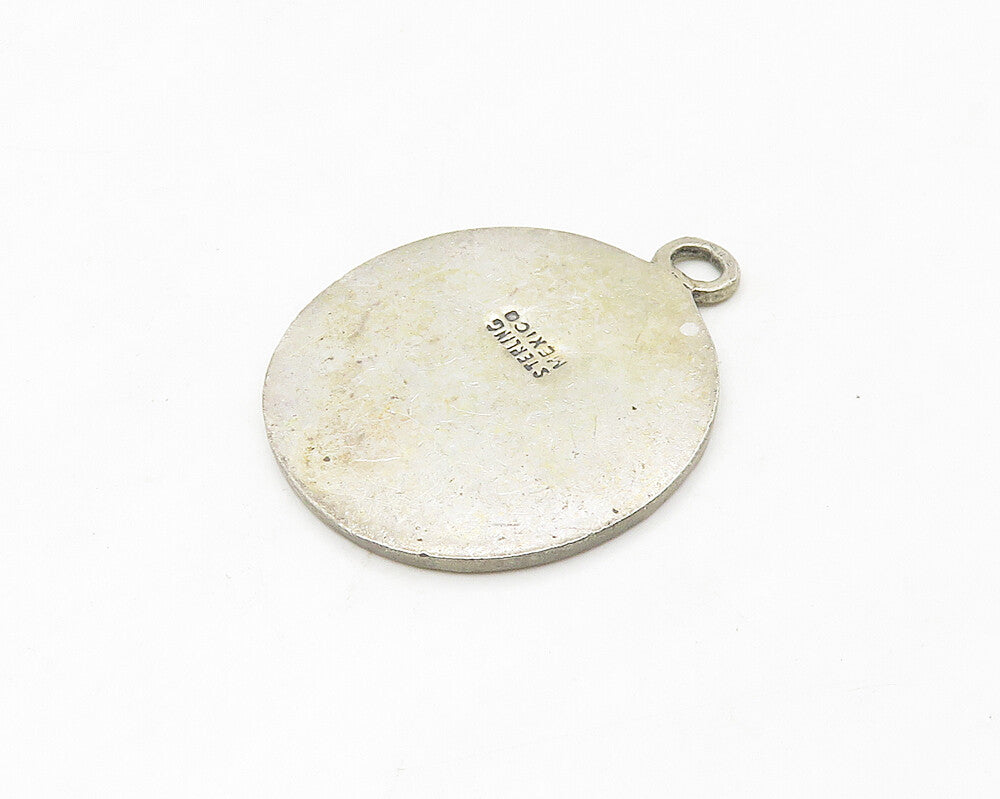 MEXICO 925 Silver  Vintage Dark Tone Chiseled Figures Round Pendant  PT14112