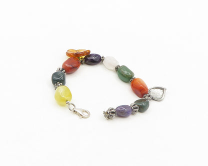 925 Silver  Vintage Amethyst Jade Amber Agate & Quartz Chain Bracelet  BT7839