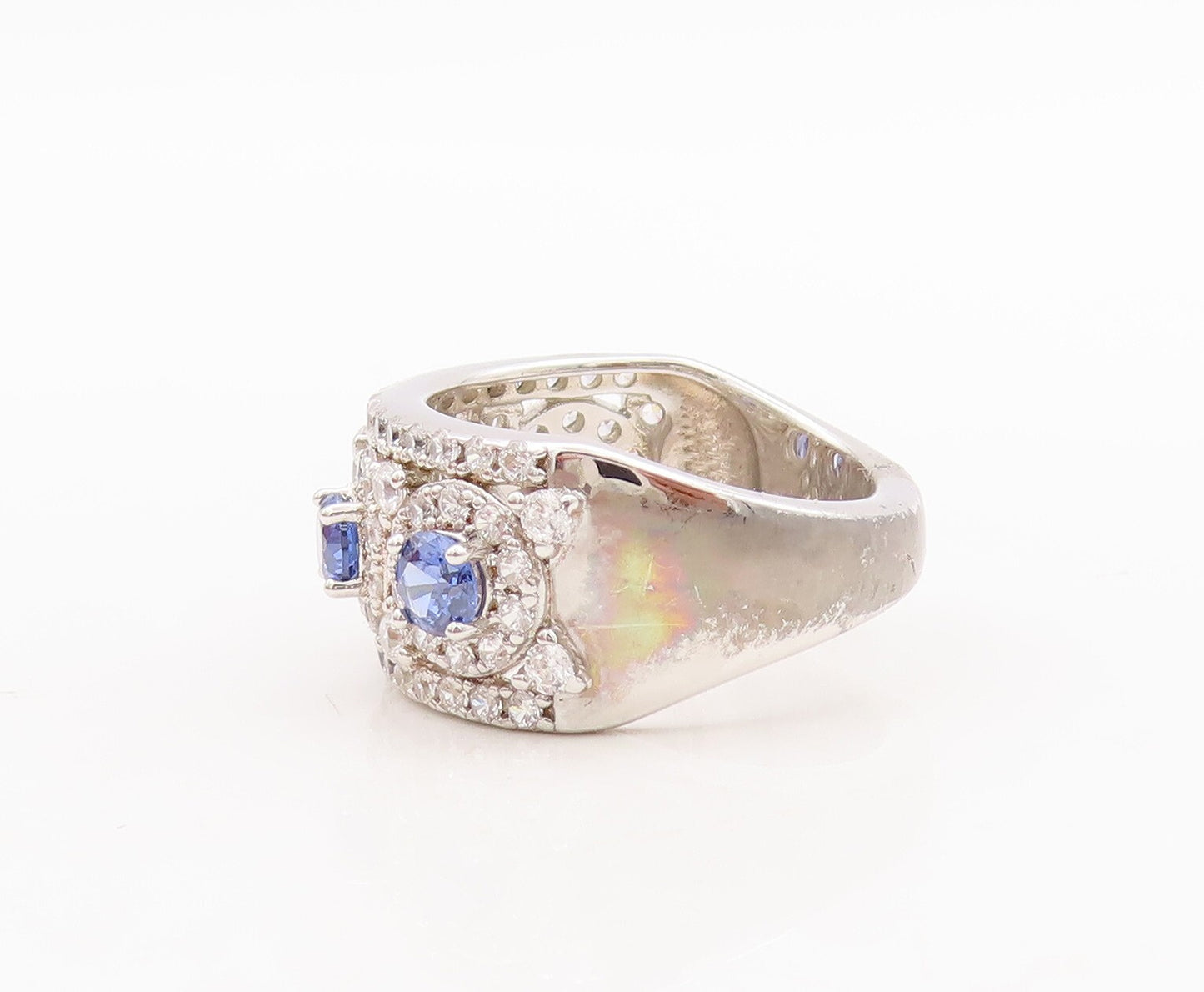 925 Sterling Silver Vintage Ring Round Cut Blue Halo White CZ  Sz 7  RG29494