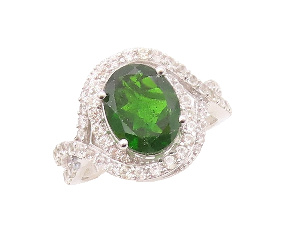 925 Sterling Silver Vintage Ring Designer Cut Green Halo White CZ  Sz 7  RG30935