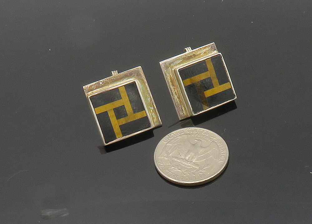 K&J SAVVIT 925 Silver  Vintage Onyx & Tiger's Eye Non Pierce Earrings  EG10058