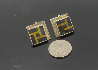 K&J SAVVIT 925 Silver  Vintage Onyx & Tiger's Eye Non Pierce Earrings  EG10058