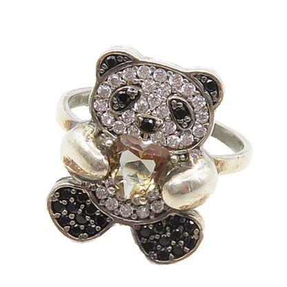 925 Sterling Silver  Peridot Hematite & Topaz Panda Band Ring Sz 6  RG17362