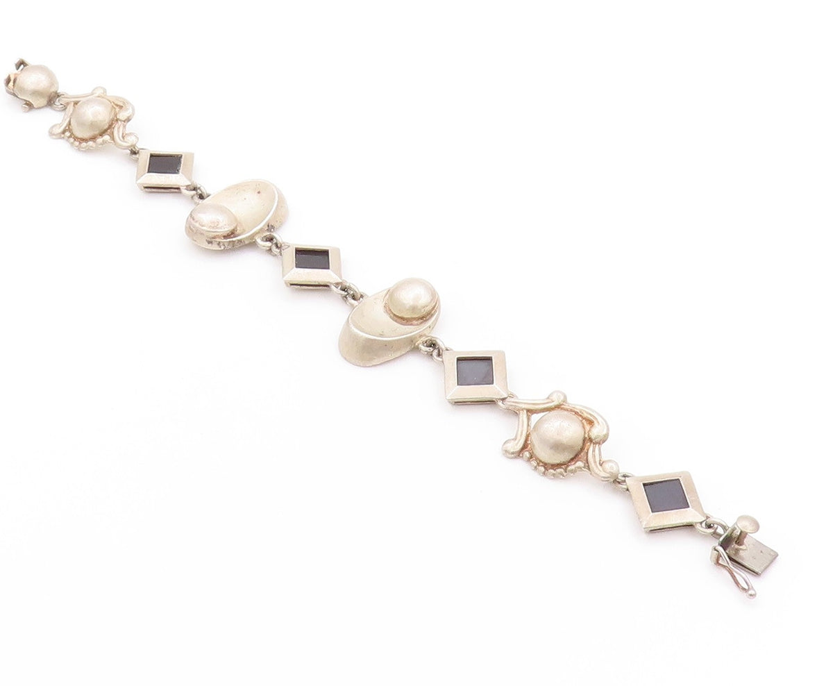 925 Sterling Silver Vintage Bracelet Square Onyx & Designer Sphere Links BT11253