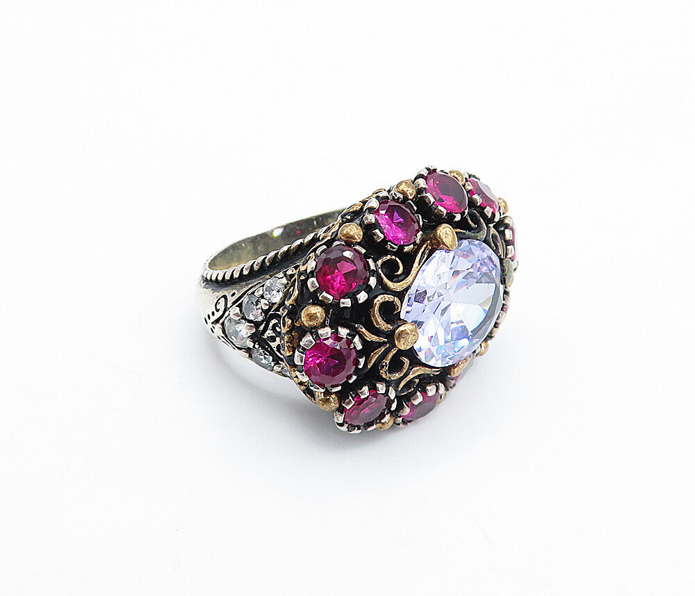 925 Silver  Vintage Purple Cubic Zirconia & Topaz Cocktail Ring Sz 7  RG3570