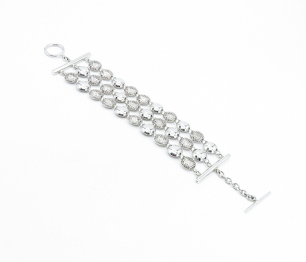 925 Sterling Silver  Hollow Cutout Detail Round Link Chain Bracelet  BT3185