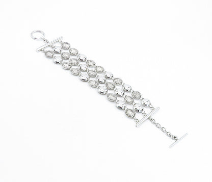 925 Sterling Silver  Hollow Cutout Detail Round Link Chain Bracelet  BT3185