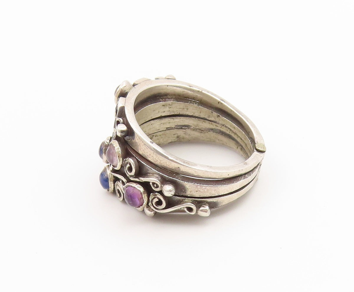 925 Sterling Silver Vintage Ring Multi Gemstone Scrollwork Band  Sz 7.5  RG36817