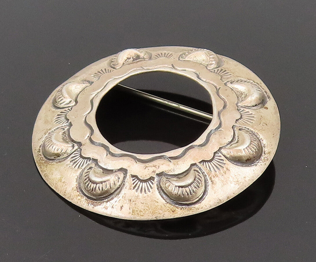 NAVAJO 925 Silver  Vintage Open Center Etched Lines Flower Brooch Pin  BP10239