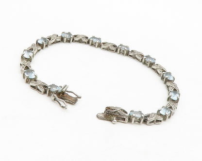 925 Silver   Vintage Genuine Diamonds & Blue Topaz XO Chain Bracelet  BT5121